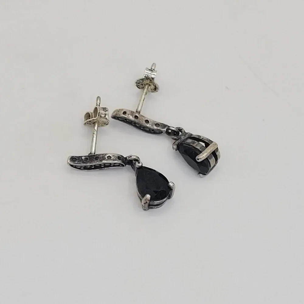 Vintage Avon RJ Black Onyx Stone and Marcasite 925 Sterling Silver Drop Earrings - Picture 3 of 6
